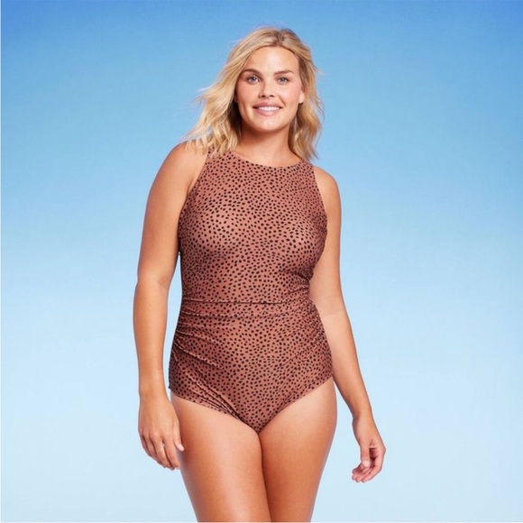 NWT Spotted Print High Neck Ruched High Coverage One Piece Kona Sol Brown Sz 17 - Picture 1 of 5